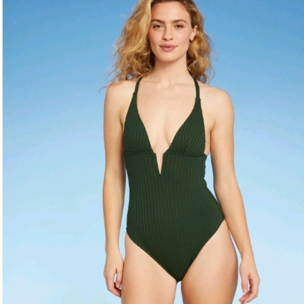 Shade & Shore Women's Ribbed Plunge Front One Piece Swimsuit Dark Green Size S